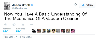 Illustration for article titled Say What You Will About Jaden Smith, But His Latest Tweets Show He’s Got A Pretty Strong Grasp On How Vacuum Cleaners Work